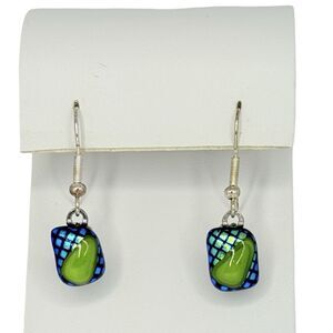 Artesian Dichroic Glass Dangle Earrings 1" Green & Blue Unique Murano Style